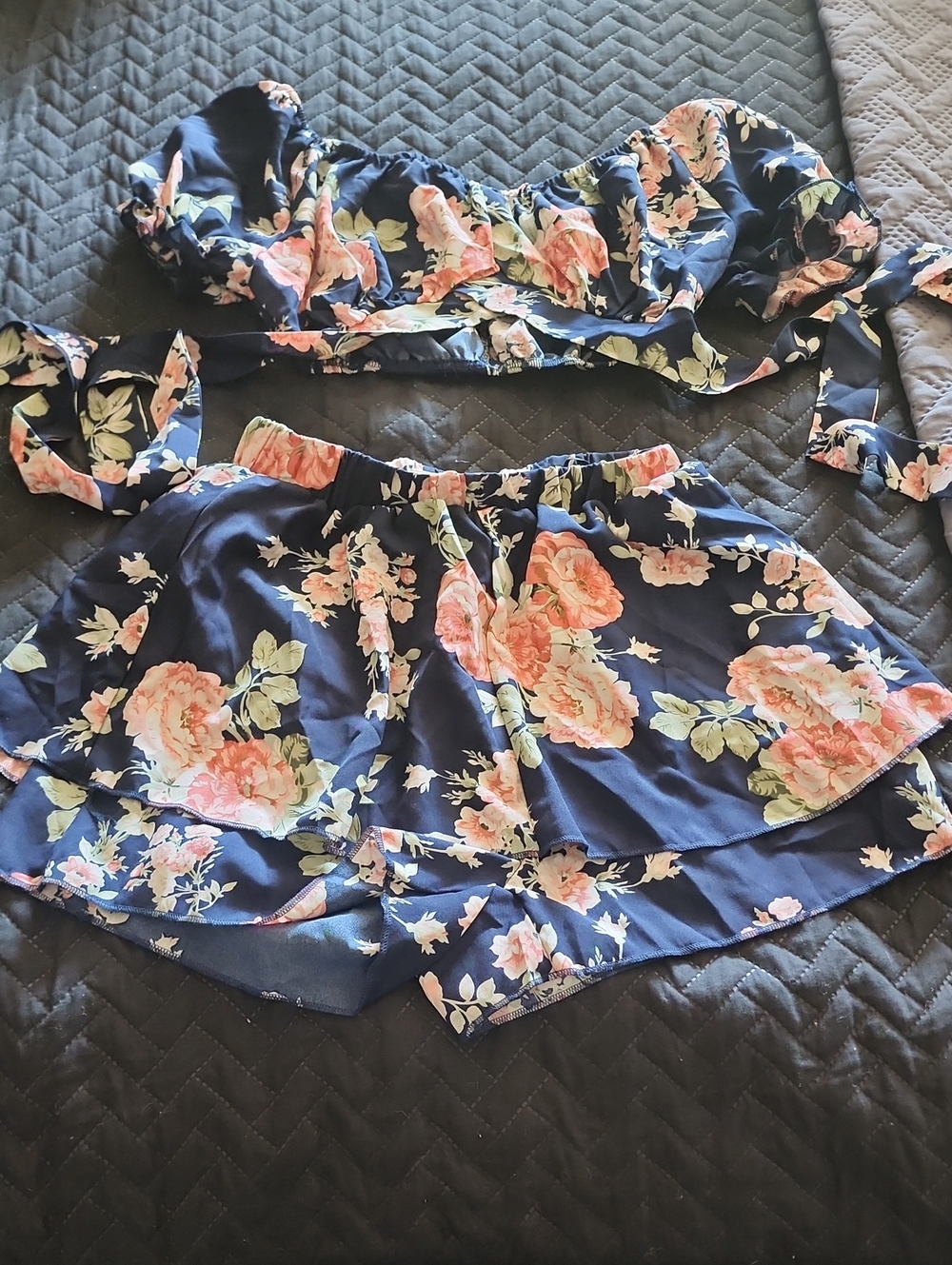Navy Floral Two-Piece Crop Top & Shorts Set